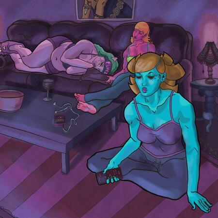 Kellin’s Fall–Pumi (far left), Laton (right, behind), Brat (front, right): Late at Night